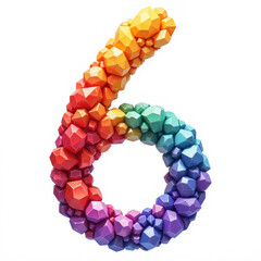 The number 6 is formed by numerous small, faceted, gemstone-like objects in a rainbow of colors, gradating from red to violet, on a white background, illustration for a birthday card.