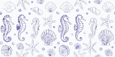 Charming hand drawn nautical pattern featuring seahorses starfish shells and bubbles in purple © Sunil123