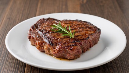 Culinary Still Life. Grilled Protein with Herb Adornment on a White Ceramic Surface.