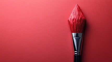 Vertical paintbrush with flame shaped red bristles rises against matching red backdrop merging tool and texture in a striking composition of color form and artistic intensity