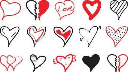Hand Drawn Heart Doodle vector illustration set. Love art Collection.