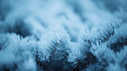 Frosty pine branches covered with snow in soft blue tones. Perfect natural winter background for Christmas design, seasonal banners, copy space, and holiday advertising concepts.