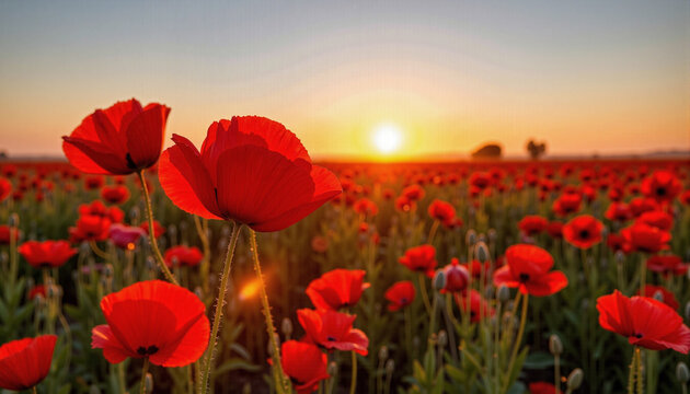 Poppy flowers blooming in a field during sunrise at Remembrance Day  