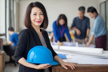 Confident Asian female engineer holding blue helmet at construction office with team working in background. Professional woman in architecture or engineering. Ideal for business, leadership, teamwork.