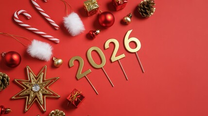 Festive New Year's Eve 2026 celebration with traditional Christmas ornaments and decorations on a vibrant red background.