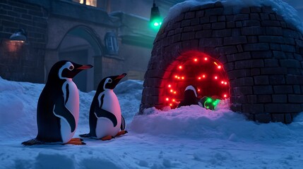 Two penguins standing outside an igloo decorated with christmas lights in a snowy winter scene