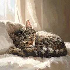 Sunlit Slumber - A Tabby Cats Peaceful Nap on a White Cushion.