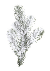 Branch of artificial fir tree with snow isolated on white. Christmas decor