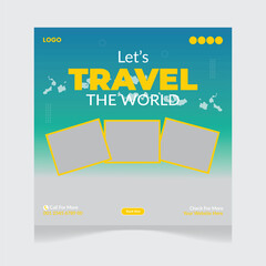 Travel sale social media post template. Web banner, flyer or poster for travelling agency business 
offer promotion. Holiday and tour advertisement banner post design template.
