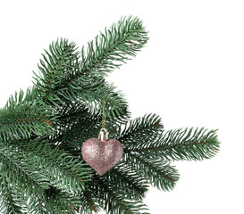Christmas tree branch with decorative heart isolated on white