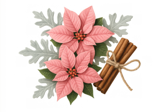 Pink poinsettia flowers and dusty miller leaves with cinnamon sticks tied for christmas decoration, transparent background