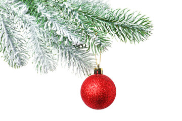 Christmas tree branch with decorative ball isolated on white