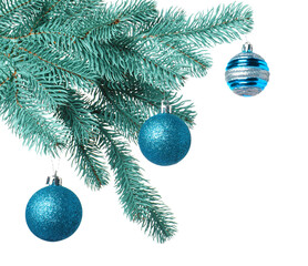 Christmas tree branch with decorative balls isolated on white
