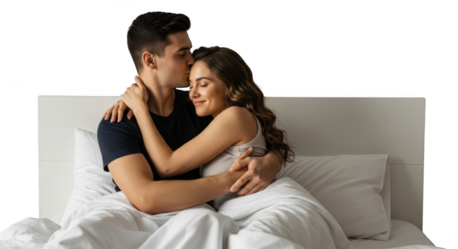 Intimate couple embracing tenderly in bed under soft lighting romantic affection moment isolated on transparent background