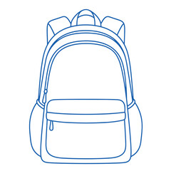 Blue outline drawing of a backpack with front pocket and straps vector
