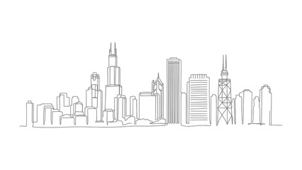Fototapeta premium Cityscape Silhouette: A minimalist line drawing captures the essence of a vibrant cityscape, showcasing a skyline against a clear sky. 