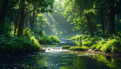 Obraz premium Serene Forest Stream Sunlight Filtering Through Lush Greenery and Refreshing Water Flow