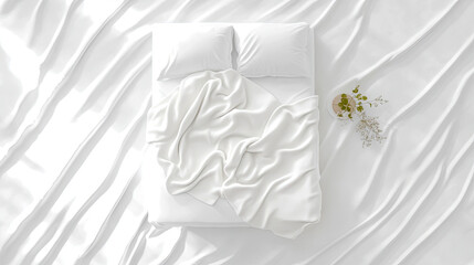 Overhead view of beautifully simple white bed with soft, rumpled linens, two clean pillows, and small decorative plant on textured white sheet background, conveying sense of serene comfort and minimal