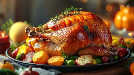 Thanksgiving Roasted Turkey With Seasonal Fruits And Herbs For Festive Feast