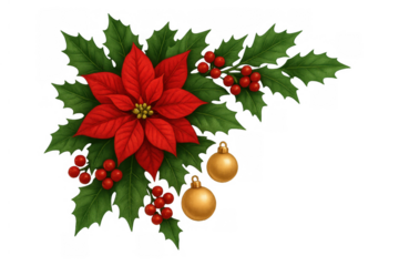 Christmas poinsettia flower, holly leaves, red berries, and golden ornaments arranging a festive corner decoration