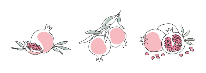 Pomegranate. Modern single line art drawing. Happy Shana tova continuous line draw design set illustration