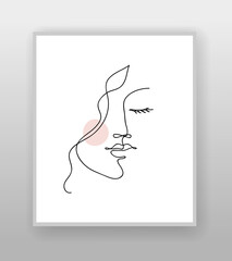 Beautiful girl face. Attractive young woman portrait female beauty concept. Continuous line drawing. Black and white illustration