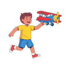 Boy Playing Airplane Toy, Childhood Dream, Vector Illustration