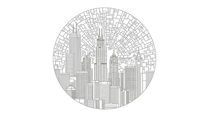 Cityscape in a Circle: A monochrome depiction of a city skyline, rendered in intricate detail, encapsulated within a circular frame, showcasing the urban landscape and architectural splendor.