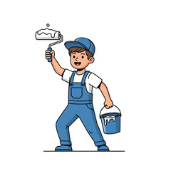 Boy Painting, Cartoon Painter with Roller and Bucket, Home Improvement
