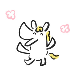 バンザイして大喜びする笑顔の白馬と花　正月素材・墨絵・手描き