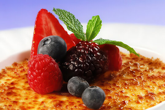 Close-up macro shot of a perfectly torched cr&egrave;me br&ucirc;l&eacute;e in a white ramekin.