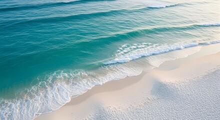 Drone photo of a view of a white beach with a light blue sea, as if divided into two sides, the sea side and the beach side.