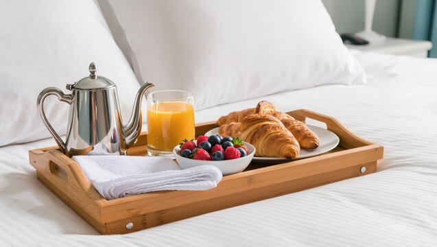 Luxury Hotel Breakfast Tray on White Bedding with Coffee and Cro