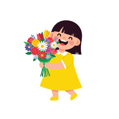 Happy Girl with Flowers Bouquet, Cute Kid Illustration