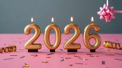 Golden candles shaped like the year 2026 are lit and placed on a pink surface with confetti and a pink bow.
