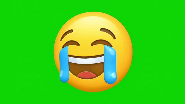 Joyful emoji with tears of laughter on a vibrant green screen background
