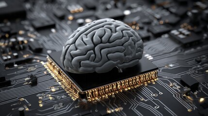 Stylized human brain model rests atop a central processing unit integrated into a complex electronic circuit board