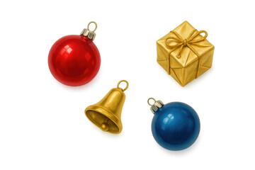 Christmas ornaments, gift box, and bell isolated on transparent background, celebrating festive winter holidays