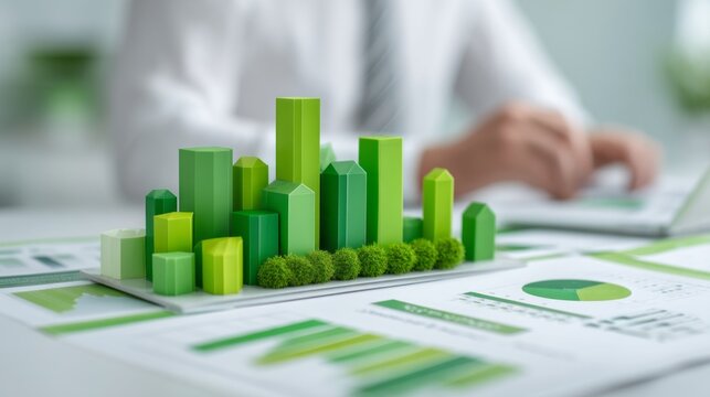 In a bright office setting, a corporate auditor scrutinizes sustainability reports, examining green data presented through 3D models of buildings and vibrant graphs - Powered by Adobe