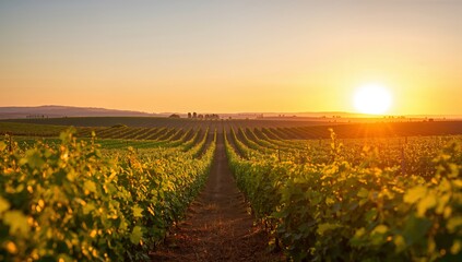 Fototapeta premium Golden Hour at the Vineyard Rows of Green and Brown, Touched by the Evening Light.