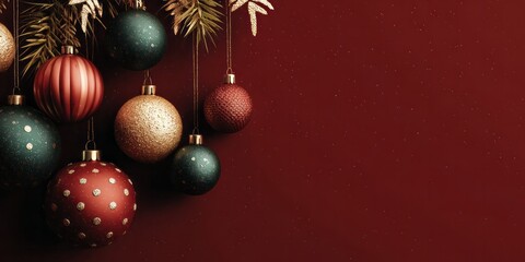Group of assorted holiday ornaments hangs against a deep red background with sparse decorative elements