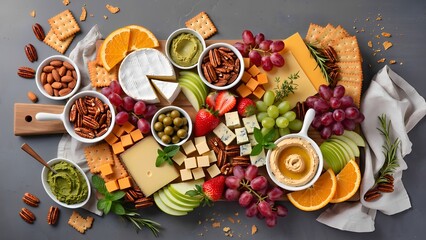 Gourmet charcuterie board with cheese, grapes, nuts, and crackers.