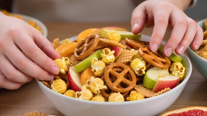 Hands reaching into a bowl of healthy snack mix.