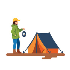 Camping Illustration Woman, Tent, Lantern, Outdoor Adventure
