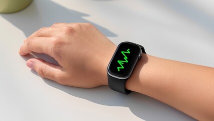 Smartwatch displaying a green heart rate graph on a wrist.