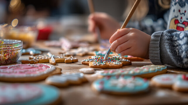 Child decorating christmas cookies with colorful sprinkles on a wooden table