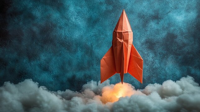 Red origami rocket ascending through smoky flame into textured blue sky blending folded precision and imaginative thrust for exploration ambition