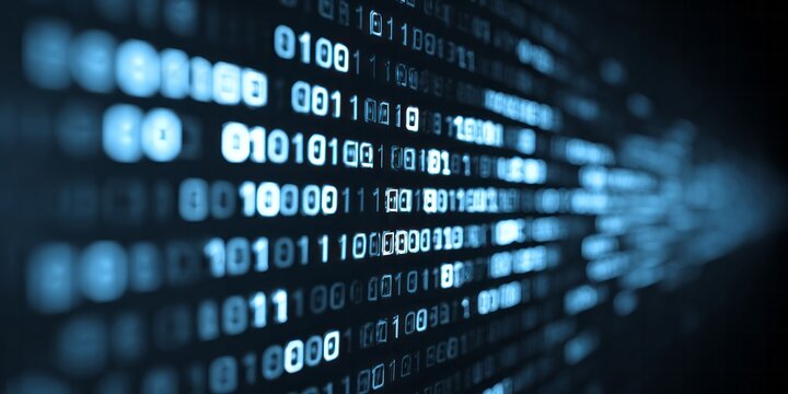 Illuminated streams of binary code flow rapidly across a dark digital screen. - Powered by Adobe