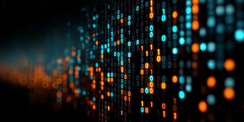 Digital stream of illuminated binary code flows across a dark background with depth of field effect