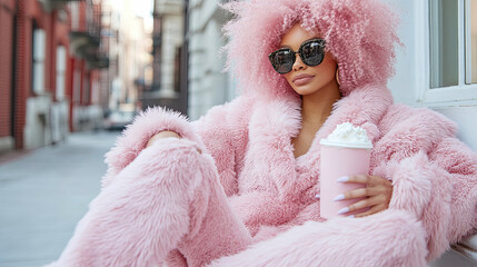 Fashionable woman with vibrant pink curly hair, donning luxurious pink faux fur coat, and holding delightful whipped cream drink on urban street